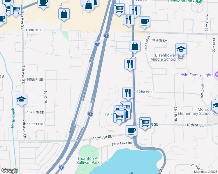 map of restaurants, bars, coffee shops, grocery stores, and more near 10618 14th Drive Southeast in Everett