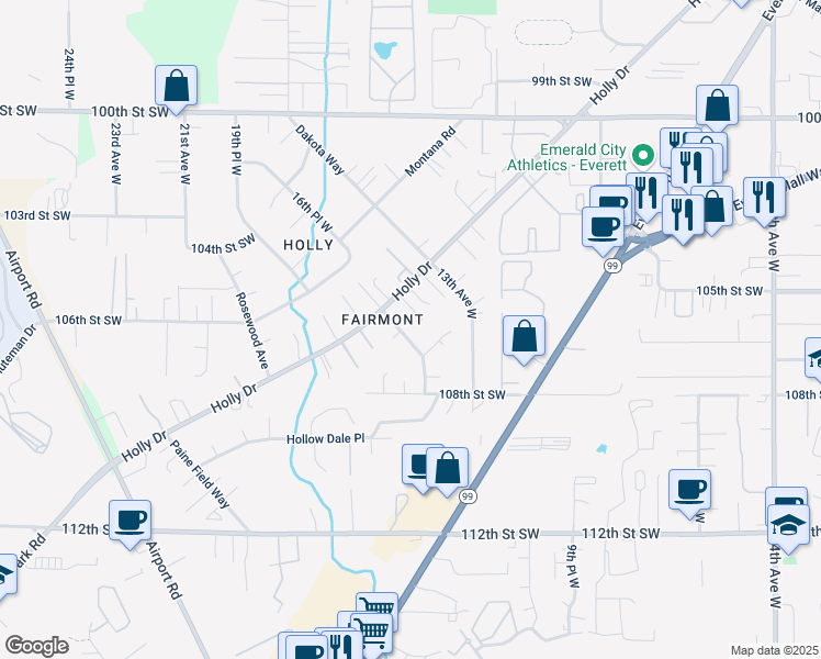 map of restaurants, bars, coffee shops, grocery stores, and more near 10501 Holly Drive in Everett