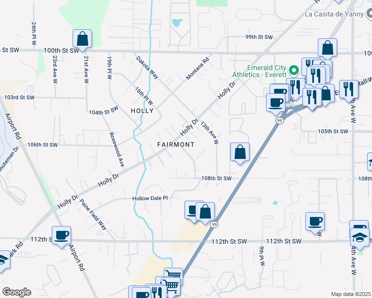 map of restaurants, bars, coffee shops, grocery stores, and more near 10501 Holly Drive in Everett