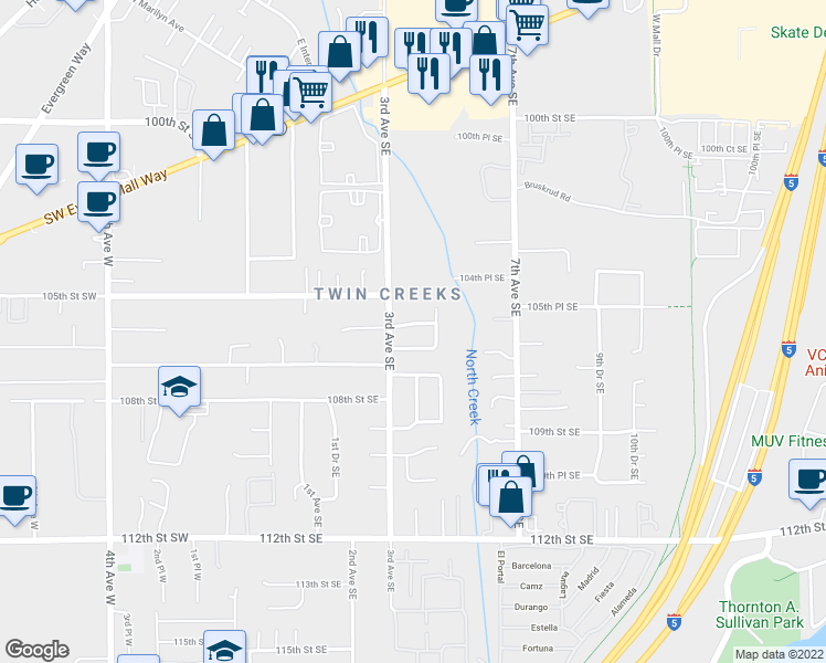 map of restaurants, bars, coffee shops, grocery stores, and more near in Everett