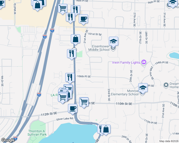 map of restaurants, bars, coffee shops, grocery stores, and more near 2013 105th Place Southeast in Everett