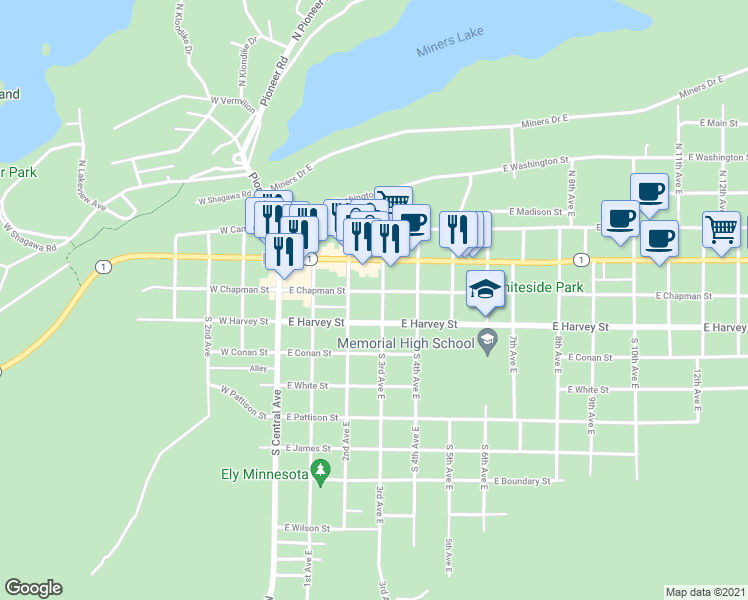 map of restaurants, bars, coffee shops, grocery stores, and more near 240 East Chapman Street in Ely