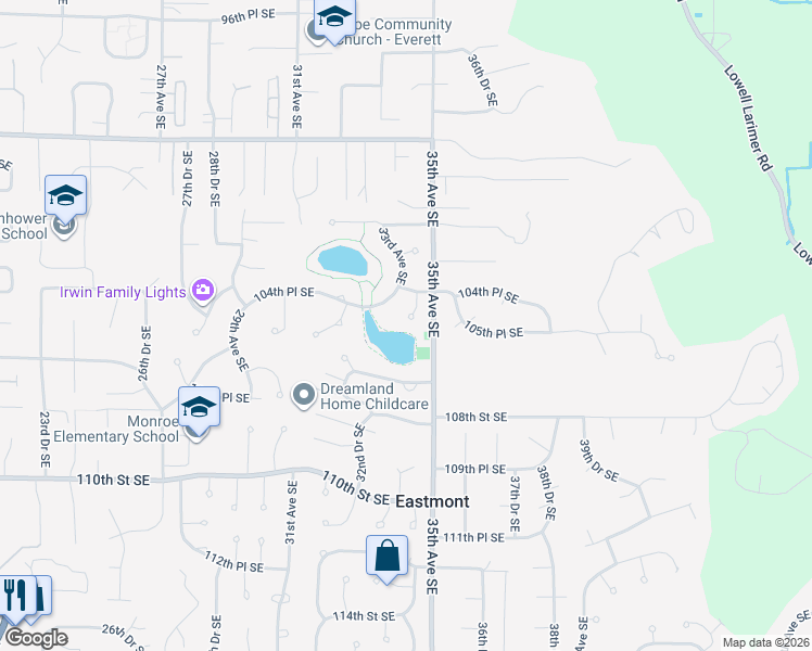 map of restaurants, bars, coffee shops, grocery stores, and more near 3318 104th Place Southeast in Everett