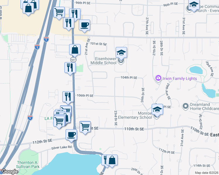 map of restaurants, bars, coffee shops, grocery stores, and more near 2219 105th Place Southeast in Everett