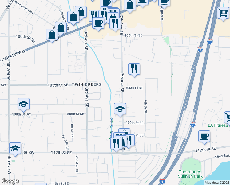 map of restaurants, bars, coffee shops, grocery stores, and more near 10502 7th Avenue Southeast in Everett