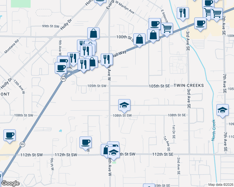 map of restaurants, bars, coffee shops, grocery stores, and more near 306 105th Street Southeast in Everett