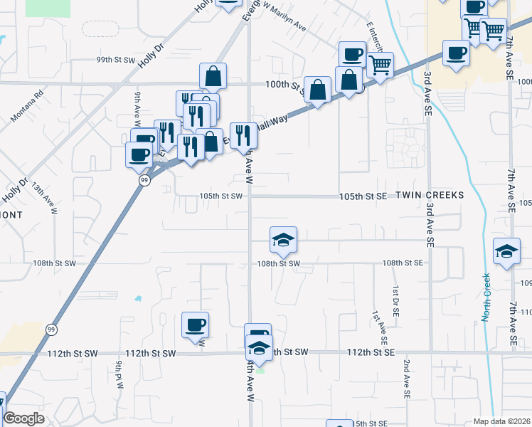 map of restaurants, bars, coffee shops, grocery stores, and more near 306 105th Street Southeast in Everett