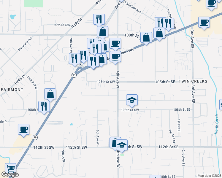 map of restaurants, bars, coffee shops, grocery stores, and more near 412 105th Street Southwest in Everett