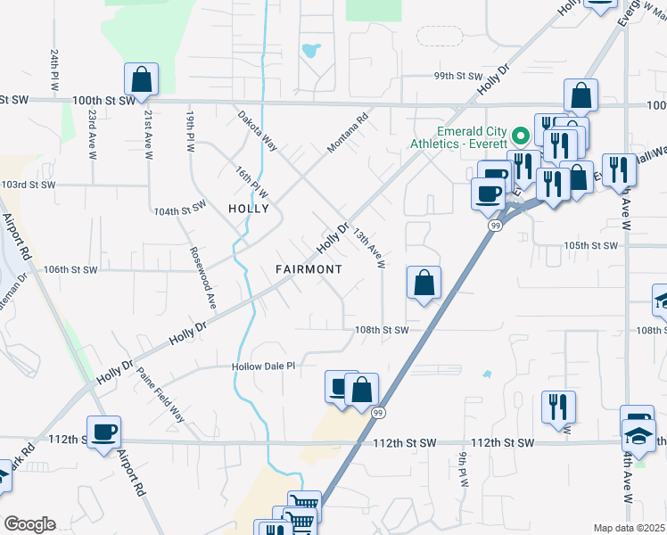 map of restaurants, bars, coffee shops, grocery stores, and more near 10501 Holly Drive in Everett