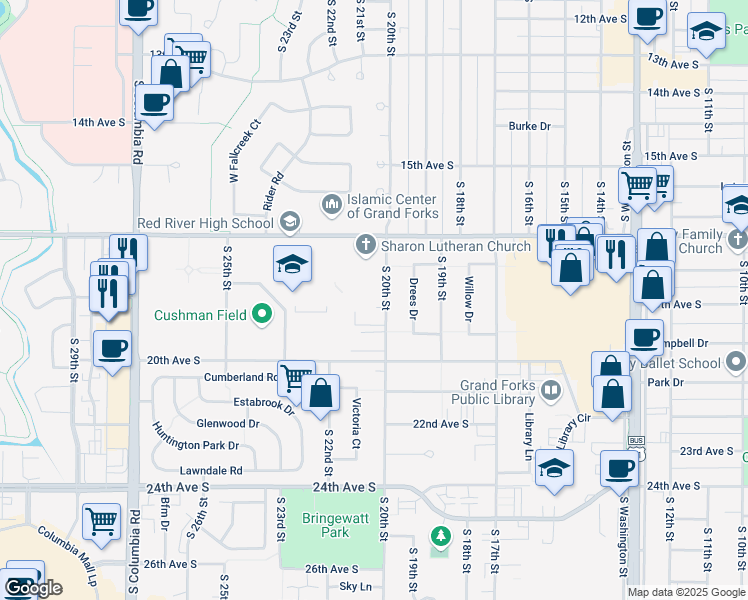 map of restaurants, bars, coffee shops, grocery stores, and more near in Grand Forks