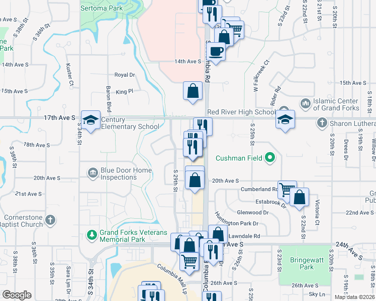 map of restaurants, bars, coffee shops, grocery stores, and more near 2870 19th Avenue South in Grand Forks