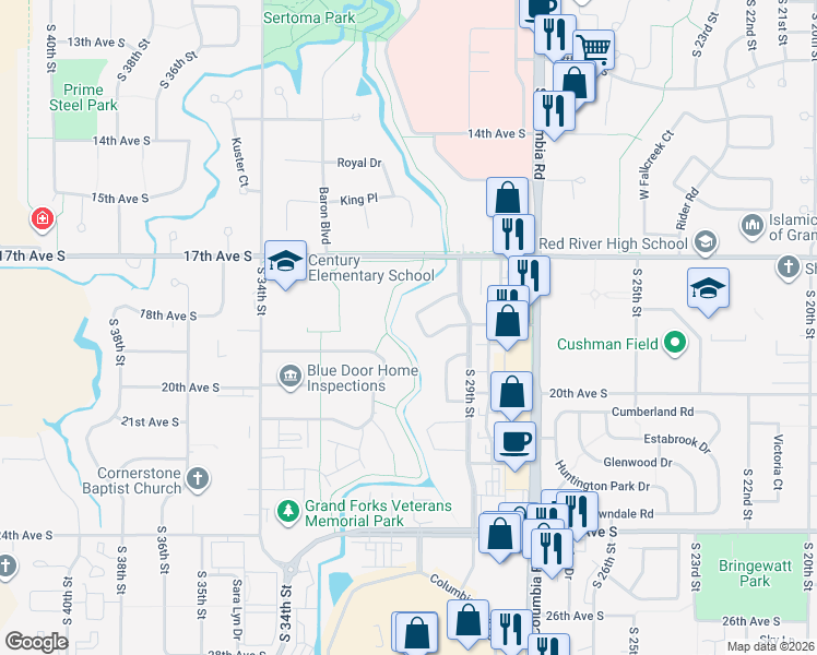 map of restaurants, bars, coffee shops, grocery stores, and more near 2941 Columbine Court in Grand Forks