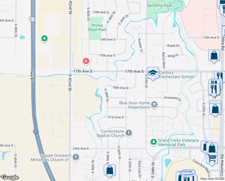 map of restaurants, bars, coffee shops, grocery stores, and more near 3704 18th Avenue South in Grand Forks