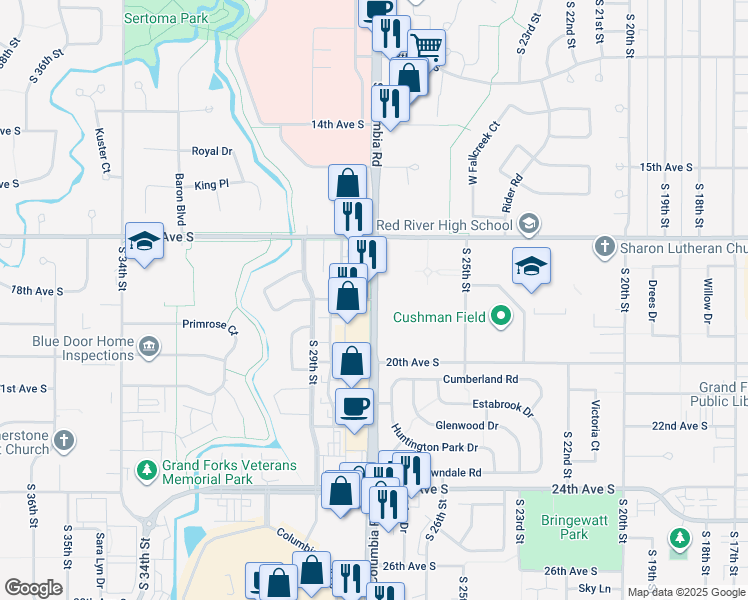 map of restaurants, bars, coffee shops, grocery stores, and more near 1899 South Columbia Road in Grand Forks