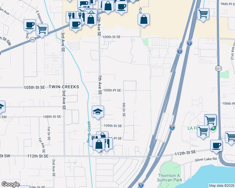 map of restaurants, bars, coffee shops, grocery stores, and more near 808 105th Place Southeast in Everett