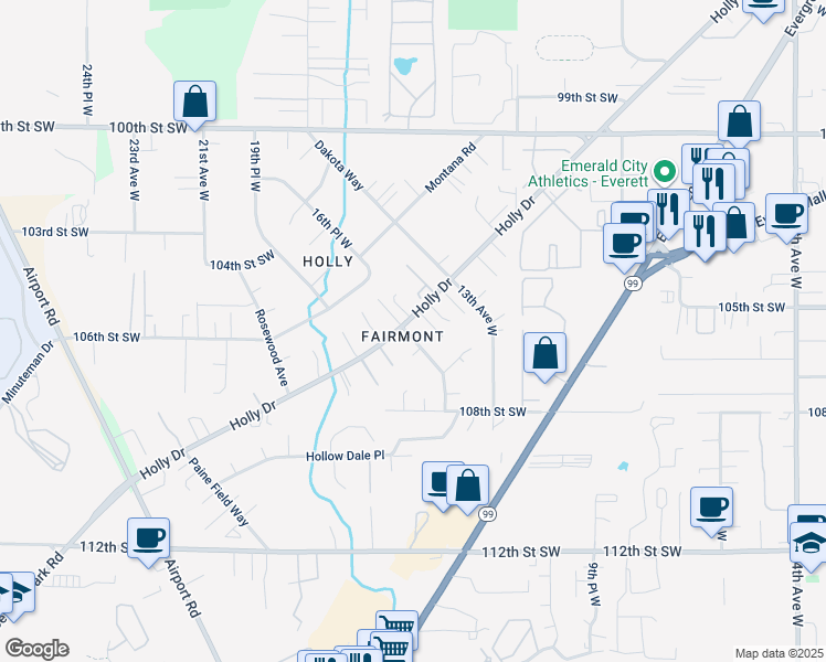 map of restaurants, bars, coffee shops, grocery stores, and more near 10516 Holly Drive in Everett