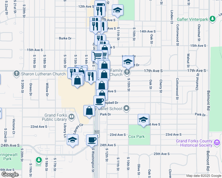 map of restaurants, bars, coffee shops, grocery stores, and more near 1107 18th Avenue South in Grand Forks