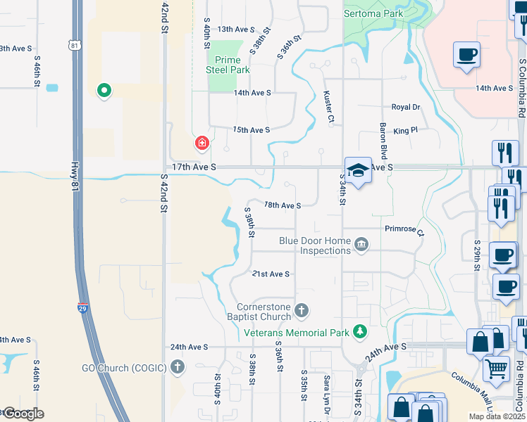 map of restaurants, bars, coffee shops, grocery stores, and more near 3704 18th Avenue South in Grand Forks