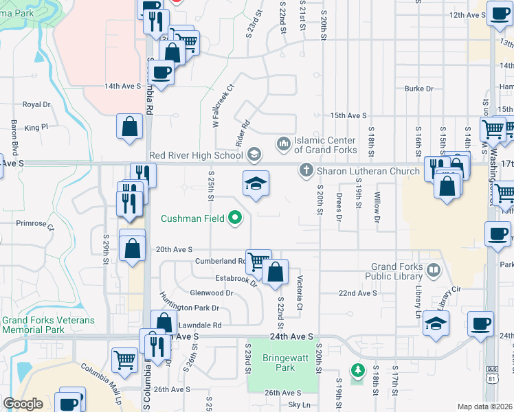 map of restaurants, bars, coffee shops, grocery stores, and more near 2211 17th Avenue South in Grand Forks