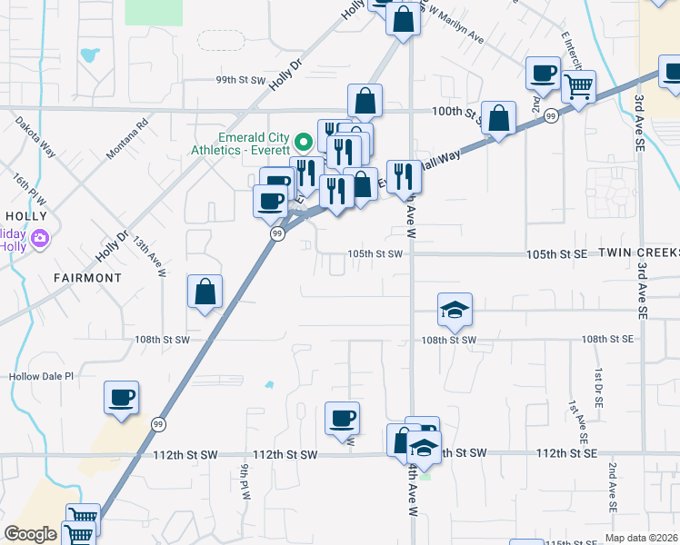 map of restaurants, bars, coffee shops, grocery stores, and more near 10526 6th Place West in Everett