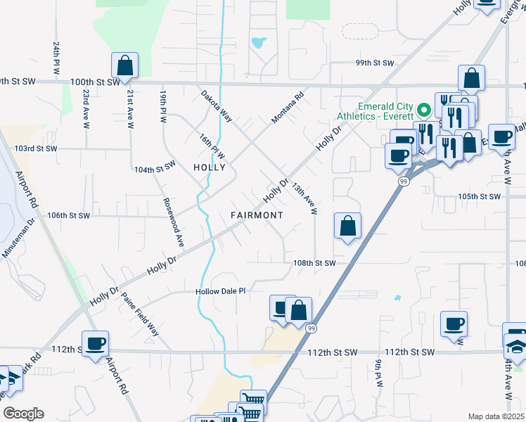 map of restaurants, bars, coffee shops, grocery stores, and more near 10516 Holly Drive in Everett