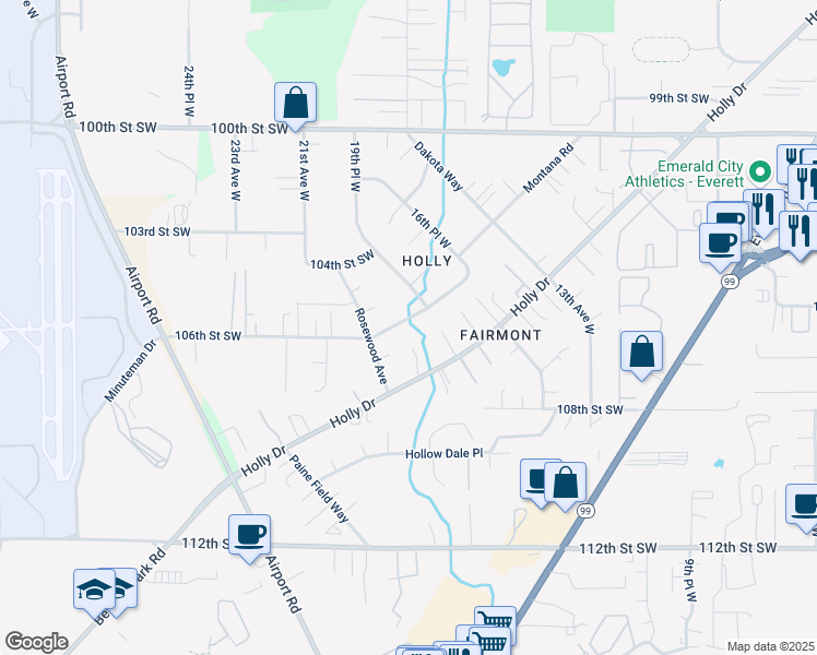 map of restaurants, bars, coffee shops, grocery stores, and more near 1728 106th Street Southwest in Everett