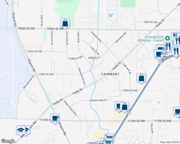 map of restaurants, bars, coffee shops, grocery stores, and more near 1728 106th Street Southwest in Everett