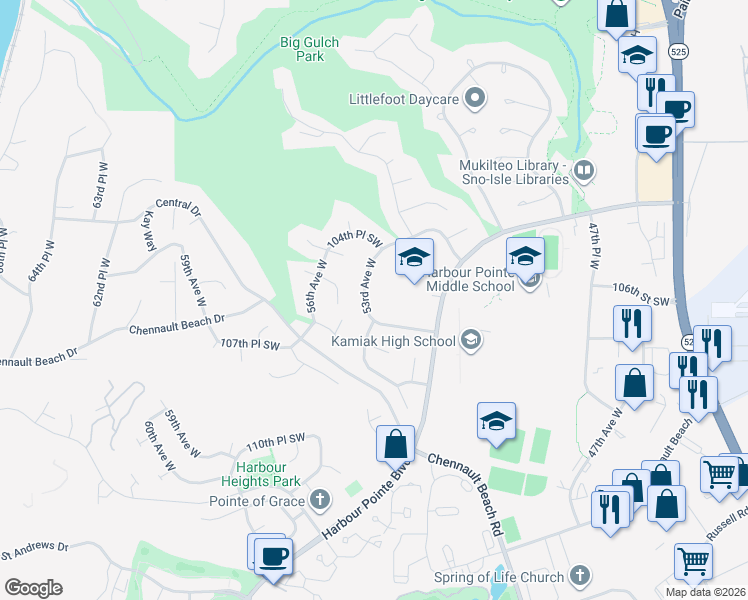 map of restaurants, bars, coffee shops, grocery stores, and more near 10515 53rd Avenue West in Mukilteo