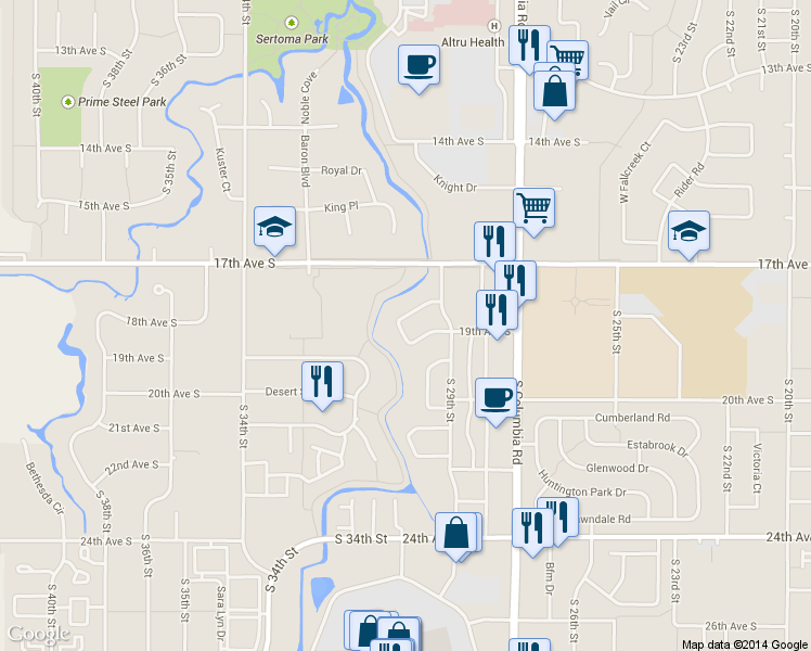 map of restaurants, bars, coffee shops, grocery stores, and more near 2941 Columbine Court in Grand Forks