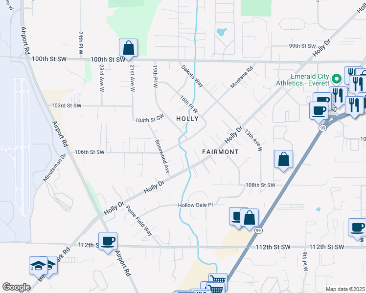map of restaurants, bars, coffee shops, grocery stores, and more near 1728 106th Street Southwest in Everett