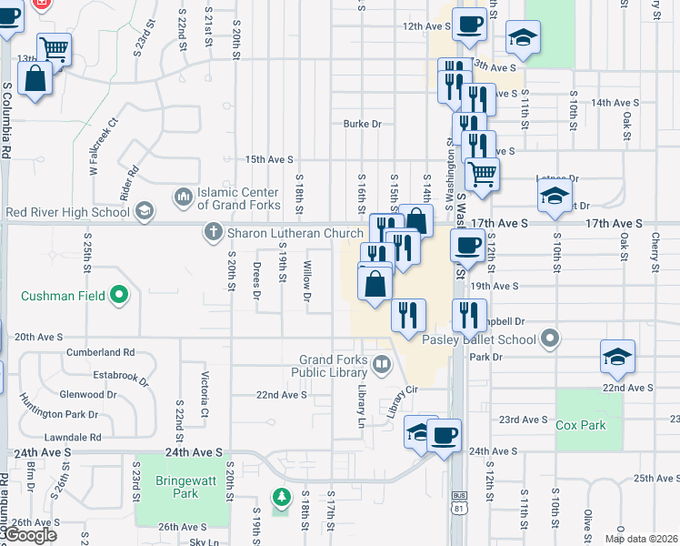 map of restaurants, bars, coffee shops, grocery stores, and more near 1803 S 17th St in Grand Forks