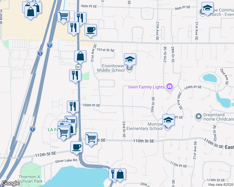 map of restaurants, bars, coffee shops, grocery stores, and more near 2225 105th Place Southeast in Everett