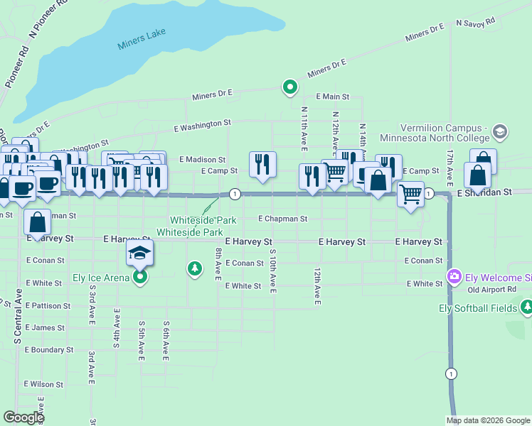 map of restaurants, bars, coffee shops, grocery stores, and more near 935 East Chapman Street in Ely