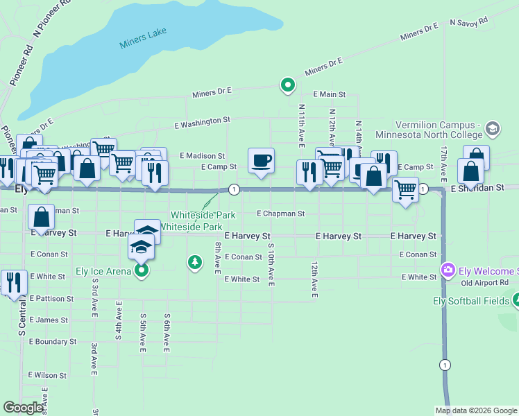 map of restaurants, bars, coffee shops, grocery stores, and more near 935 East Chapman Street in Ely