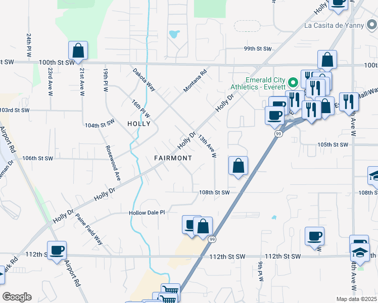 map of restaurants, bars, coffee shops, grocery stores, and more near 10501 Holly Drive in Everett
