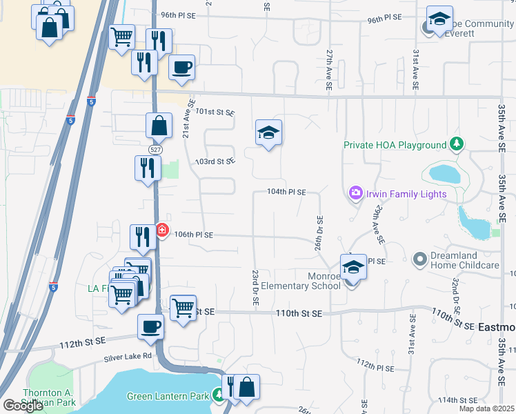 map of restaurants, bars, coffee shops, grocery stores, and more near 10507 23rd Drive Southeast in Everett
