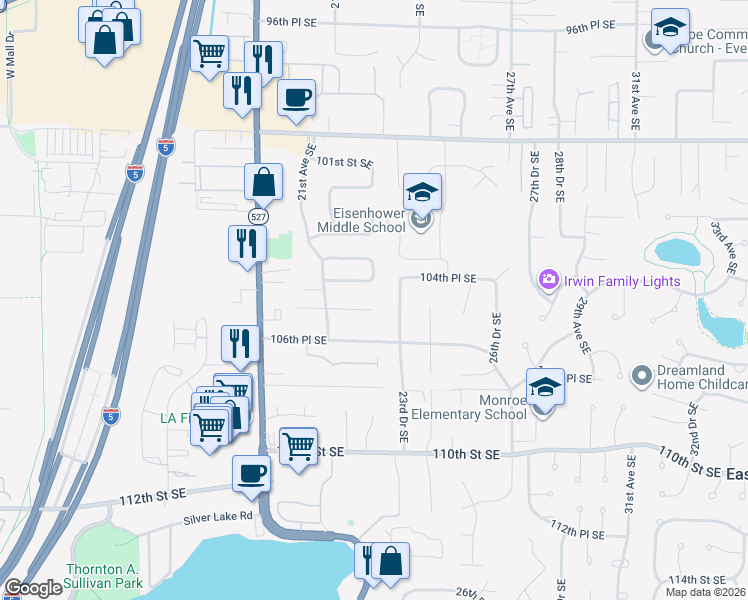 map of restaurants, bars, coffee shops, grocery stores, and more near 2219 105th Place Southeast in Everett