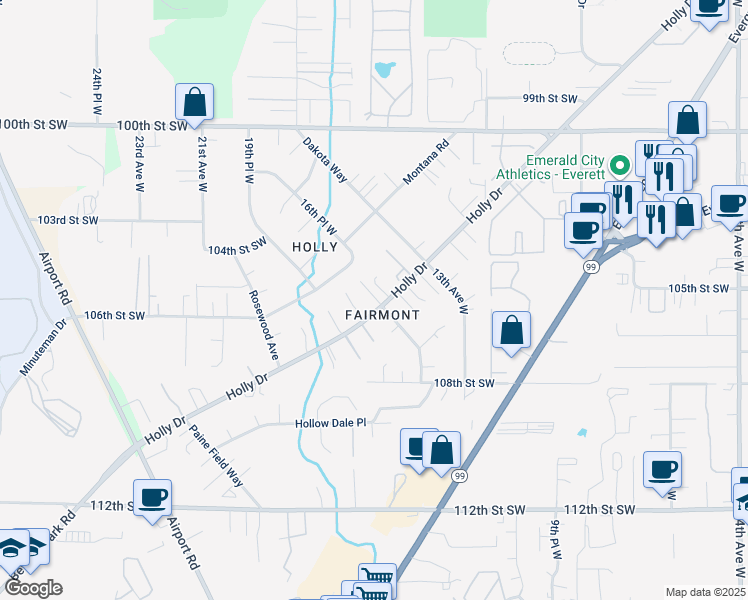 map of restaurants, bars, coffee shops, grocery stores, and more near 10516 Holly Drive in Everett