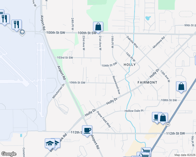 map of restaurants, bars, coffee shops, grocery stores, and more near 2113 106th Street Southwest in Everett