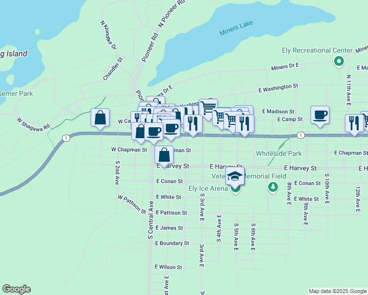 map of restaurants, bars, coffee shops, grocery stores, and more near 133 East Chapman Street in Ely