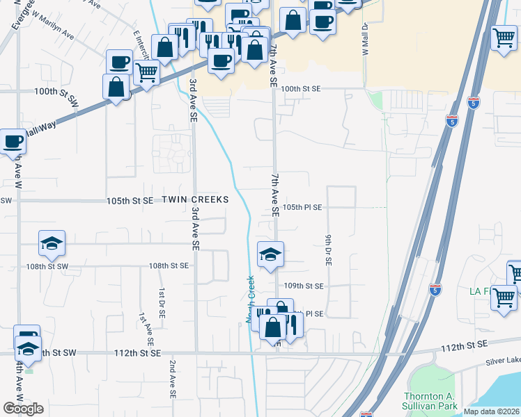 map of restaurants, bars, coffee shops, grocery stores, and more near 10502 7th Avenue Southeast in Everett