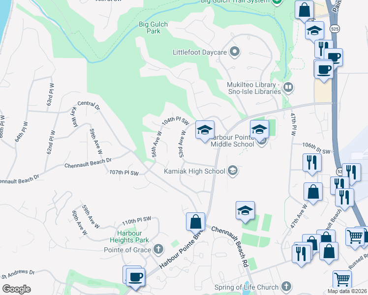 map of restaurants, bars, coffee shops, grocery stores, and more near 10515 53rd Avenue West in Mukilteo