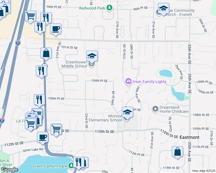 map of restaurants, bars, coffee shops, grocery stores, and more near 10501 25th Drive Southeast in Everett