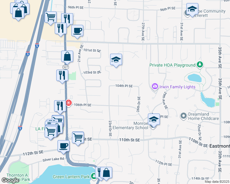 map of restaurants, bars, coffee shops, grocery stores, and more near 10507 23rd Drive Southeast in Everett
