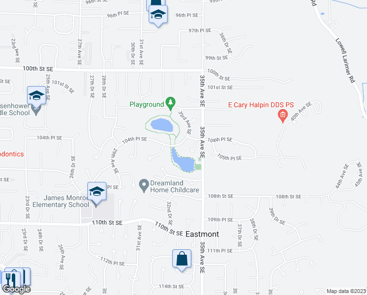 map of restaurants, bars, coffee shops, grocery stores, and more near 3318 104th Place Southeast in Everett