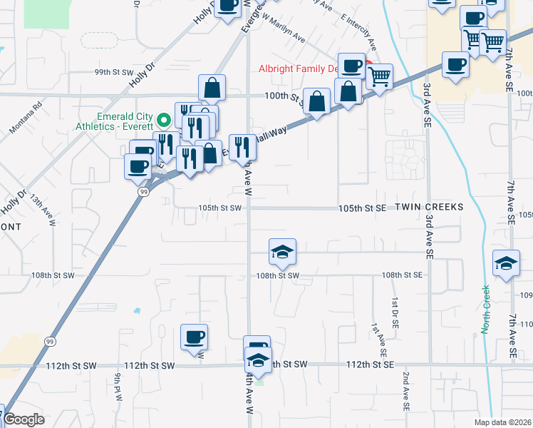 map of restaurants, bars, coffee shops, grocery stores, and more near 306 105th Street Southeast in Everett