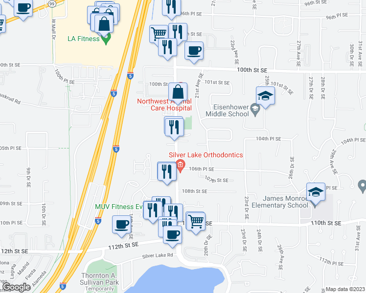 map of restaurants, bars, coffee shops, grocery stores, and more near 10505 19th Avenue Southeast in Everett