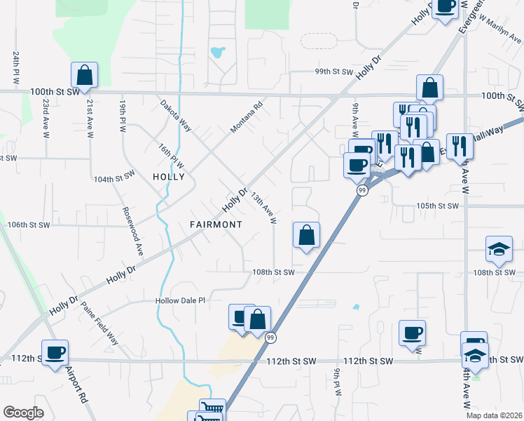 map of restaurants, bars, coffee shops, grocery stores, and more near 10426 13th Avenue West in Everett