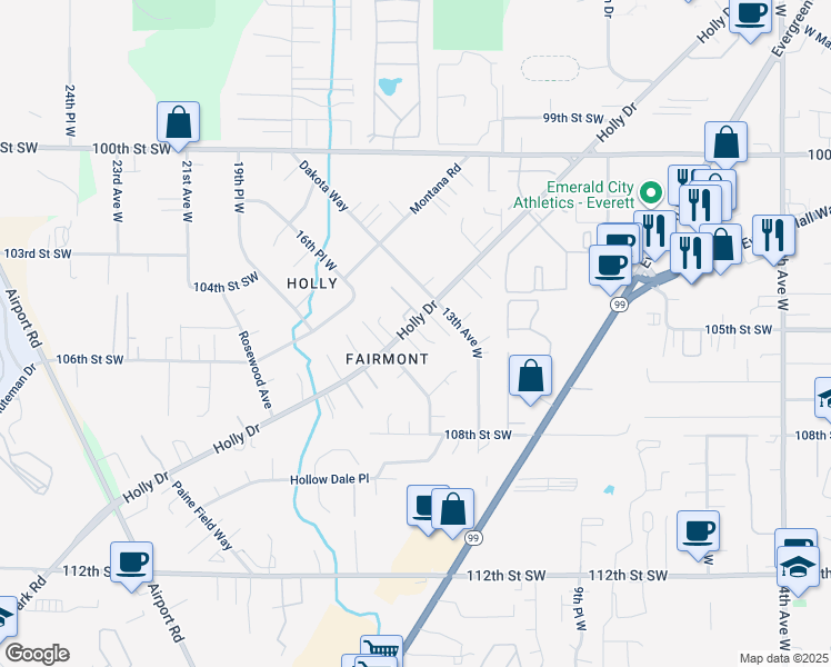 map of restaurants, bars, coffee shops, grocery stores, and more near 10501 Holly Drive in Everett