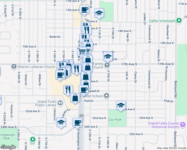 map of restaurants, bars, coffee shops, grocery stores, and more near 1107 18th Avenue South in Grand Forks